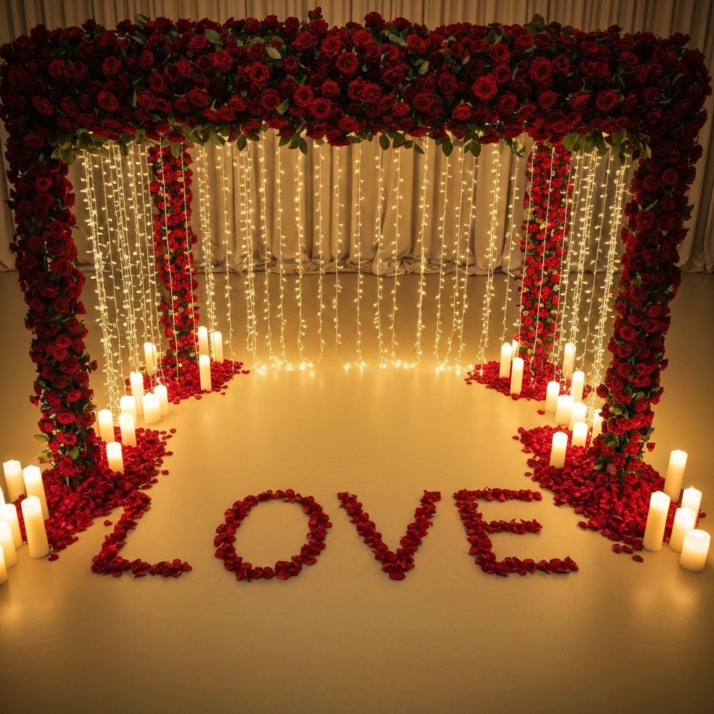 Romantic engagement decoration with roses and candles